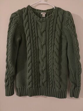 L.L. Bean Olive Green Cable Knit Crewneck Sweater